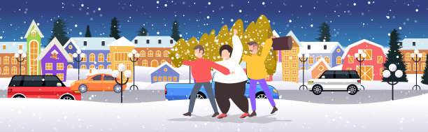 男人扛着刚砍下的圣诞树，冬季节日庆祝概念降雪城市景观背景水平全长图片下载