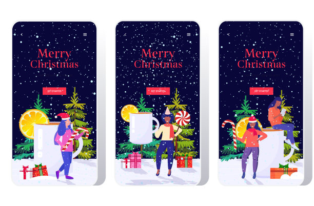 女孩拿着糖果棒棒糖近圣诞喝热葡萄酒冬季节日庆祝概念智能手机屏幕设置在线移动应用全长贺卡水平图片下载