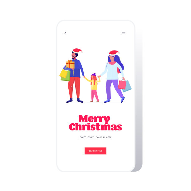家庭在圣诞老人帽子携带购物袋和礼物礼物盒圣诞快乐新年假期概念父母和孩子手牵手智能手机屏幕在线移动应用全长素描图片下载