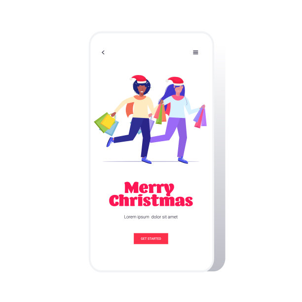 非裔美国妇女戴着圣诞帽拿着购物袋圣诞快乐新年寒假庆祝概念智能手机屏幕在线移动应用程序全长素描图片下载