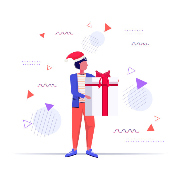 男人在圣诞老人的帽子拿着礼物礼物盒圣诞快乐快乐新年寒假庆祝概念男人与惊喜全长素描图片下载