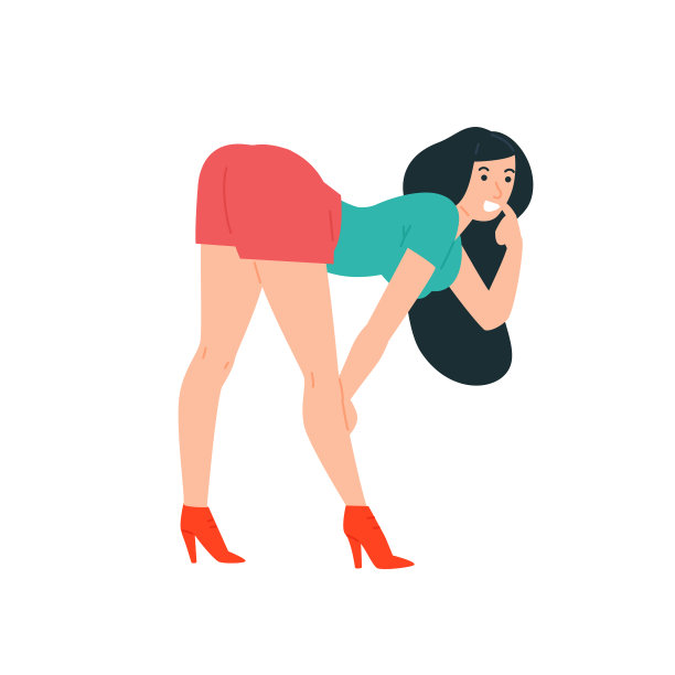 一个穿着短裤的年轻女孩的插图。向量。性感的女孩倾斜和调情。平的风格。图像孤立的白色背景。美臀到极点。图片下载
