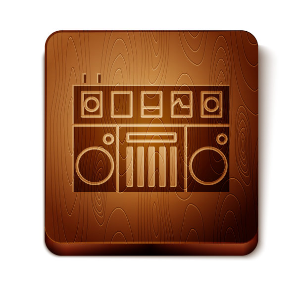 棕色DJ遥控器播放和混合音乐图标孤立在白色背景。配有乙烯基播放器和遥控器的DJ混音器。木制方形按钮。矢量图图片下载