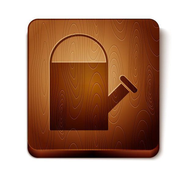 棕色浇水罐图标孤立在白色背景。灌溉的象征。木制方形按钮。矢量图图片下载