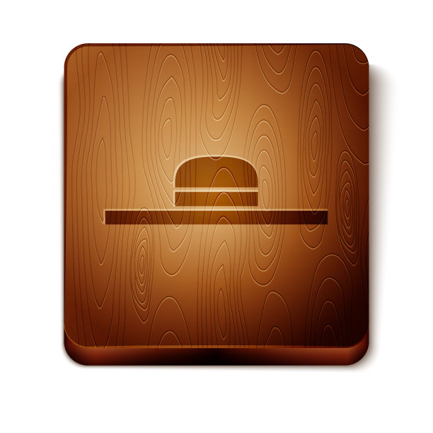 棕色园丁，农民或农业工人帽子图标孤立在白色背景。木制方形按钮。矢量图图片下载