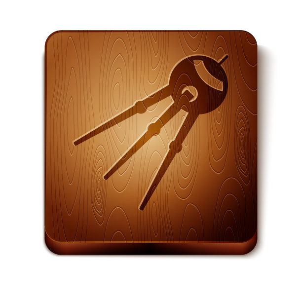 棕色卫星图标孤立在白色背景。木制方形按钮。矢量图图片下载