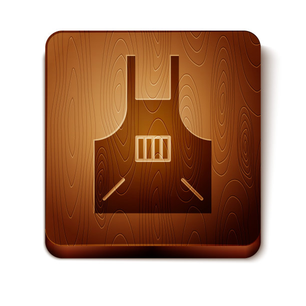 棕色厨房围裙图标孤立在白色背景。厨师烹饪制服。木制方形按钮。矢量图图片下载