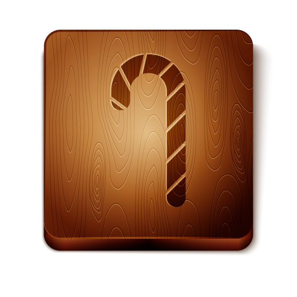 白色背景上带有条纹图标的棕色圣诞糖果手杖。圣诞快乐，新年快乐。木制方形按钮。矢量图图片下载