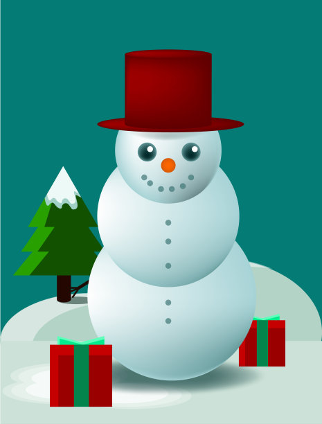 戴着大红帽的雪人和他周围的礼物，股票插图图片下载