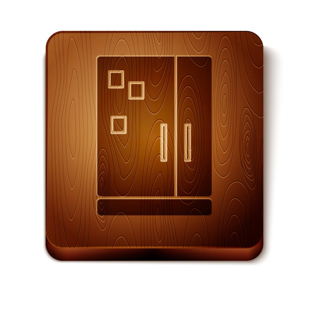 棕色冰箱图标孤立在白色背景。冰箱冷冻冰箱。家用技术和电器。木制方形按钮。矢量图图片下载