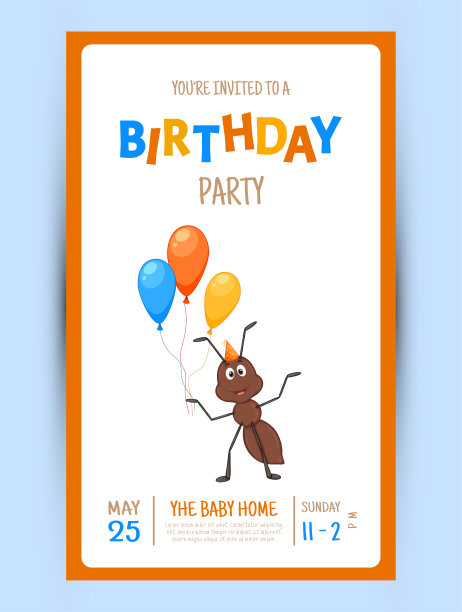 彩色的派对邀请卡上有一个可爱的蚂蚁在白色的背景。庆祝活动&生日快乐。五彩缤纷的。向量。图片下载