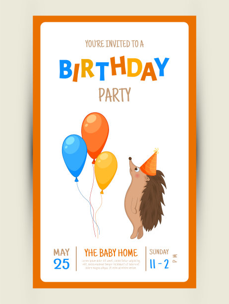 彩色的派对邀请卡上有一个可爱的刺猬在白色的背景。庆祝活动&生日快乐。五彩缤纷的。向量。图片下载