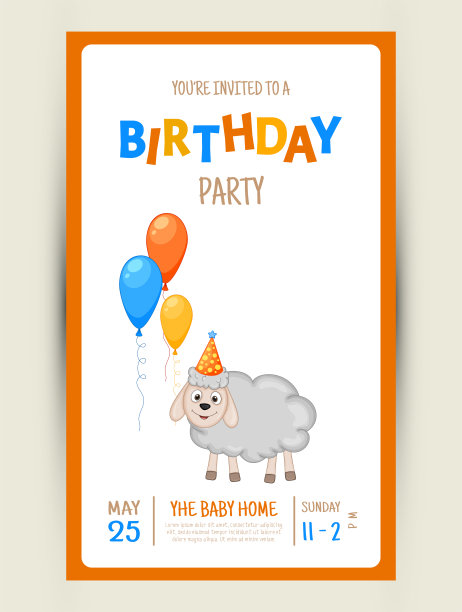 彩色的聚会邀请卡与可爱的绵羊在一个白色的背景。庆祝活动&生日快乐。五彩缤纷的。向量。图片下载