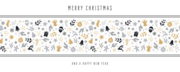 圣诞图标元素边框装饰贺卡与问候文字无缝模式白色背景。图片下载