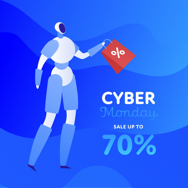 矢量平面网络星期一广场横幅模板。电子人持有袋与折扣标志和文字在波浪蓝色背景。销售购物的概念。设计元素海报，网页，卡片，背景。图片下载