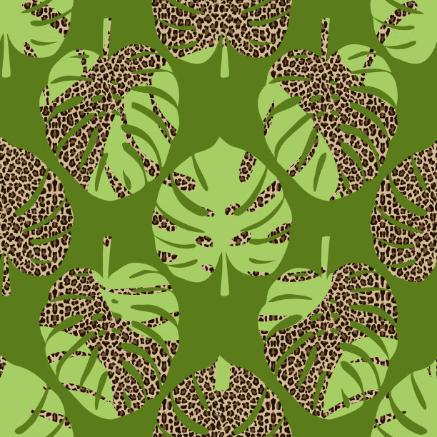 Monstera叶子上豹子背景无缝图案图片下载