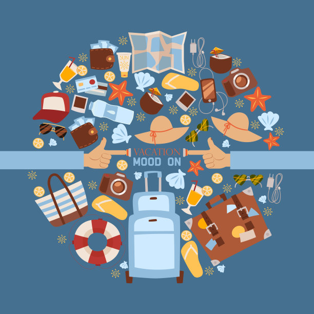 暑假图标在圆形框架构成，矢量插图。动机海报与文字假期心情。夏季旅游小册子封面图片下载