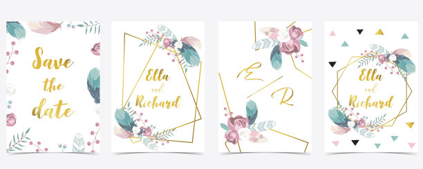 粉色白色金色的几何婚礼请柬有玫瑰，花，心和叶子。矢量生日邀请的孩子和婴儿。可编辑元素图片下载