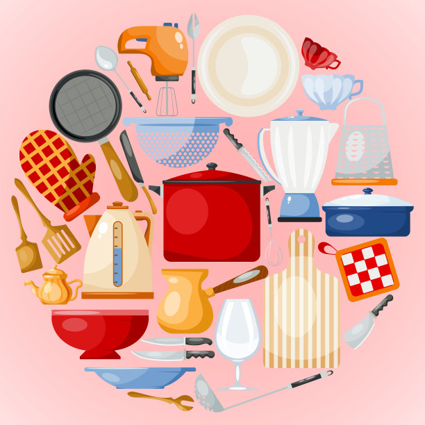 厨房用具和工具圆形矢量插图集。厨房图片下载