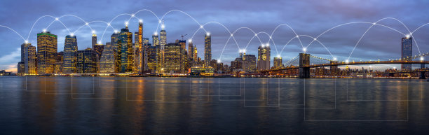 技术连接线之间的全景纽约市景观建筑图片下载