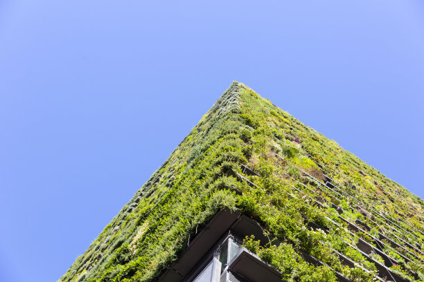 带有垂直花园的公寓建筑低角度视图，带有天空背景的拷贝空间图片下载