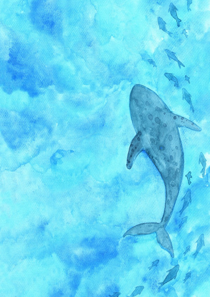 学校的鱼在海中游泳，水彩手绘背景装饰在夏季假期。图片下载