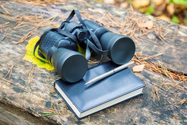 双筒望远镜，笔记本和铅笔。探险家和冒险概念图片下载