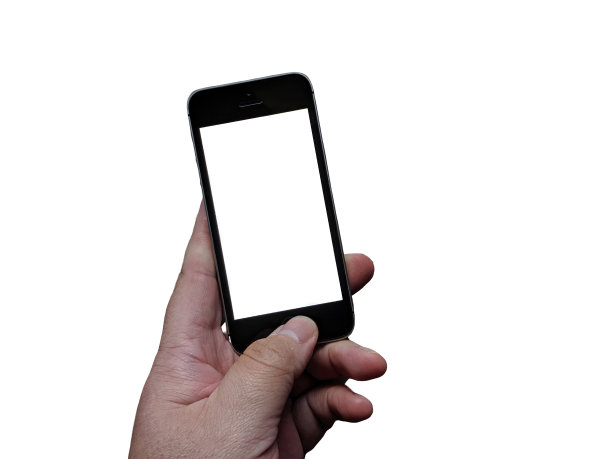 白色背景下手持智能手机的男子。图片下载