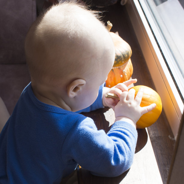 一个孩子在窗台上玩南瓜图片下载