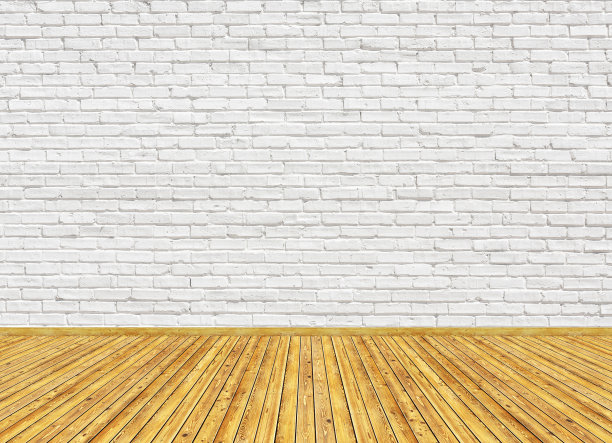3D渲染模型的空客厅与复古木地板和白色油漆砖墙。可用于室内设计。图片下载