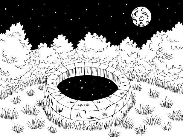 好的夜晚图形黑白景观插图向量图片下载