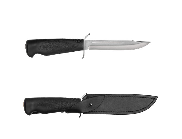 狩猎刀与橡胶把手和皮革外壳孤立在白色背景图片下载