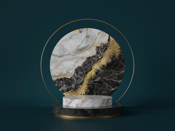 3d渲染，抽象的绿色背景与黑白大理石纹理，金箔。汽缸底座，裙台，陈列架。圆形平板形状，装饰艺术设计，豪华的最小模型图片下载