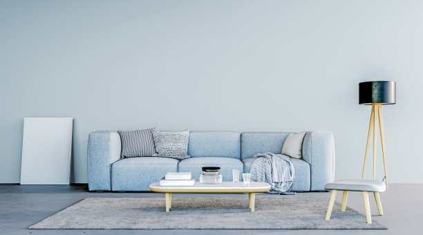 现代客厅室内设计，意大利风格家具，蓝色主题，模拟墙，3d渲染图片下载