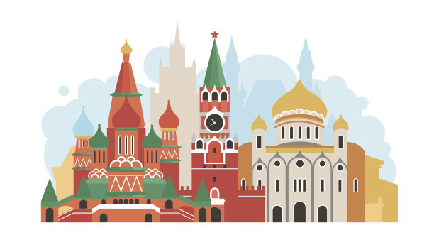 俄罗斯，莫斯科。城市的建筑。Spasskaya塔，救世主大教堂，圣巴西尔大教堂，大剧院，莫斯科国立大学。具有历史意义的建筑。矢量插图。图片下载