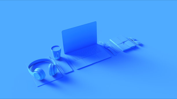 蓝色当代热办公桌办公设置与笔记本电脑，手机，耳机，记事本，太阳镜图片下载