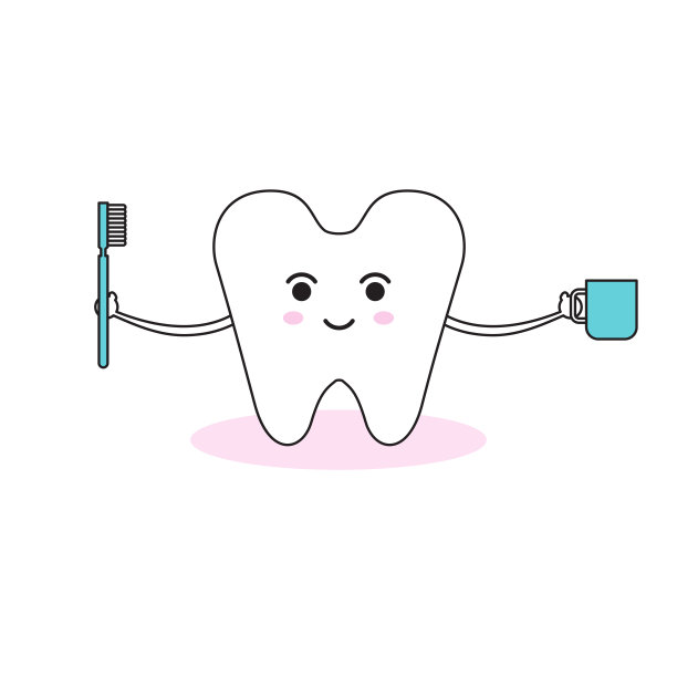 可爱的卡通牙齿字符持有牙刷和杯子在白色的背景。图片下载