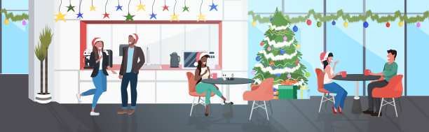 商务人士戴着圣诞老人的帽子举行公司聚会和种族商务人士在会议期间讨论现代办公室厨房餐厅内部水平全程图片下载
