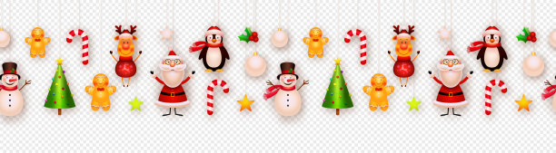 圣诞装饰，矢量背景挂饰品。花环。圣诞树，雪人，圣诞老人，星星，姜饼。新年、寒假装饰孤立在透明的背景上。图片下载