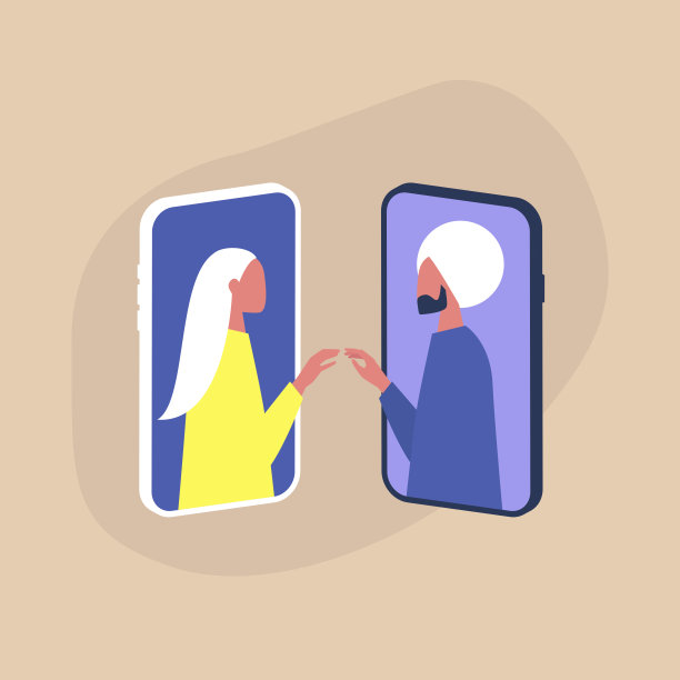 现代约会服务，两个角色通过智能手机屏幕触摸对方的手图片下载