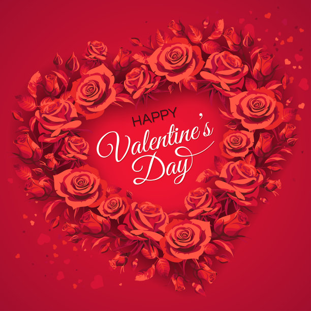 方形情人节贺卡模板与文本。框架与红玫瑰孤立在红色背景。图片下载