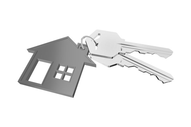 3D钥匙圈与房子衣架在白色背景图片下载