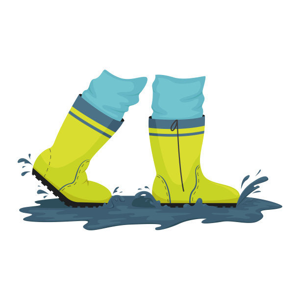 一个穿着胶靴的男人正走过水坑。多雨的天气。矢量插图。图片下载