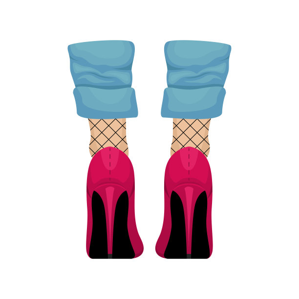 一个穿着粉色高跟鞋，牛仔裤和渔网袜的女孩。时尚的形象。矢量插图。图片下载