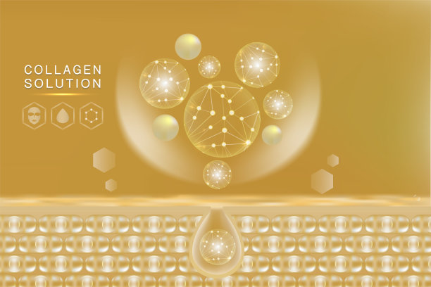 透明质酸皮肤液广告，黄金胶原蛋白血清滴与化妆品广告背景随时使用图片下载