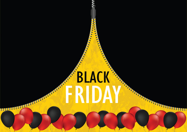黑色星期五促销网络横幅与开放的金属拉链和气球在黄色的背景。图片下载