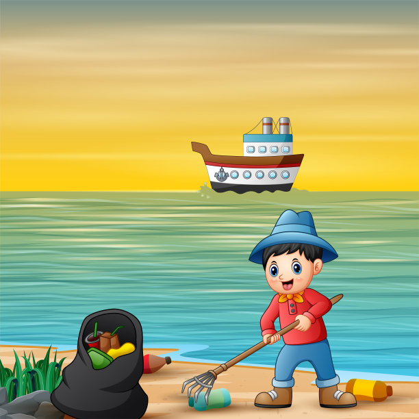 在海滩上清理垃圾的志愿者图片下载