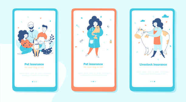 宠物和牲畜保险手机应用程序上的屏幕模板集图片下载