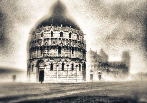 意大利比萨。迷雾笼罩的奇迹广场图片下载