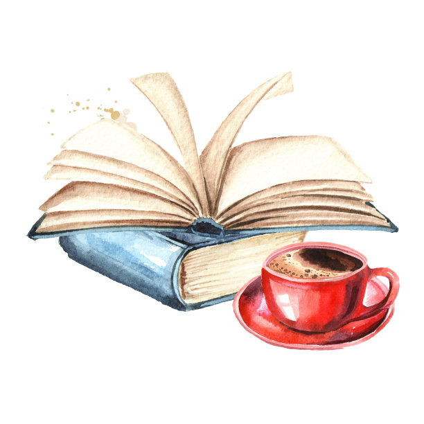 书和一杯咖啡。水彩手绘插图，孤立的白色背景图片下载